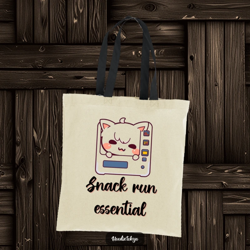 Funny Kawaii character with a mischievous grin peeking from a vending machine on a durable tote bag, perfect for snack runs.