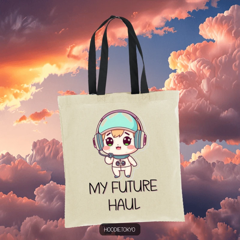 Funny kawaii character tote bag, surprised expression, wearing a futuristic headset, cute and practical accessory, tech design.