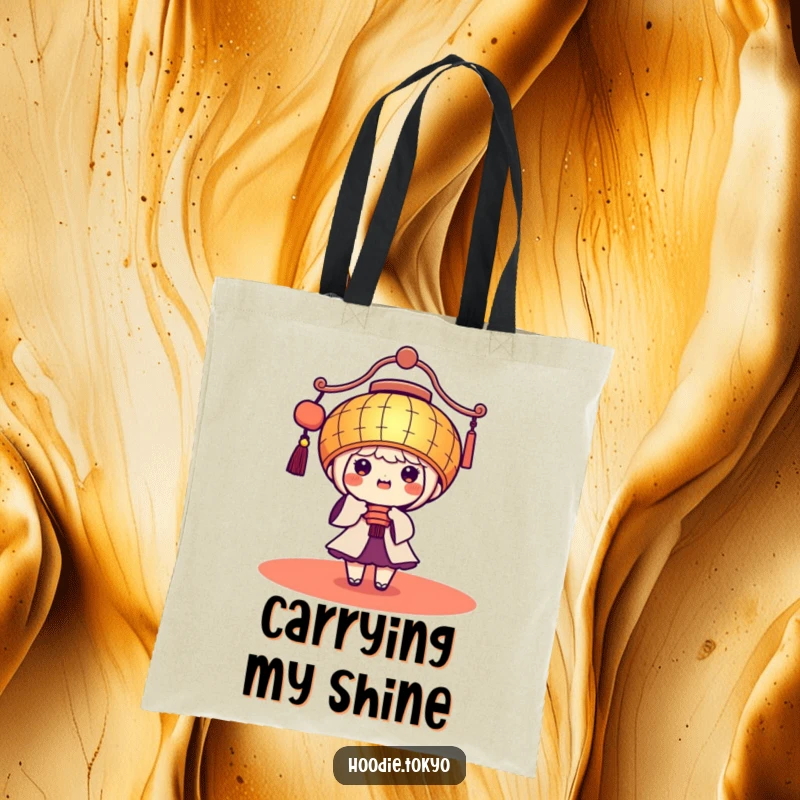 Funny Kawaii Tote Bag: Cute character wearing a giant festive lantern, beaming brightly, perfect for carrying joy.