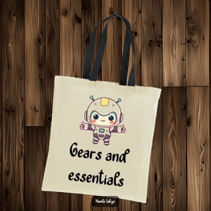 Funny kawaii character in a tiny robot costume, arms outstretched, depicted on a functional tote bag. Humorous and useful accessory.