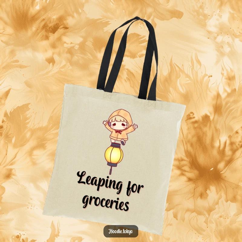 Funny tote bag of a character in a patterned hoodie leaping over a stylized, glowing lantern.