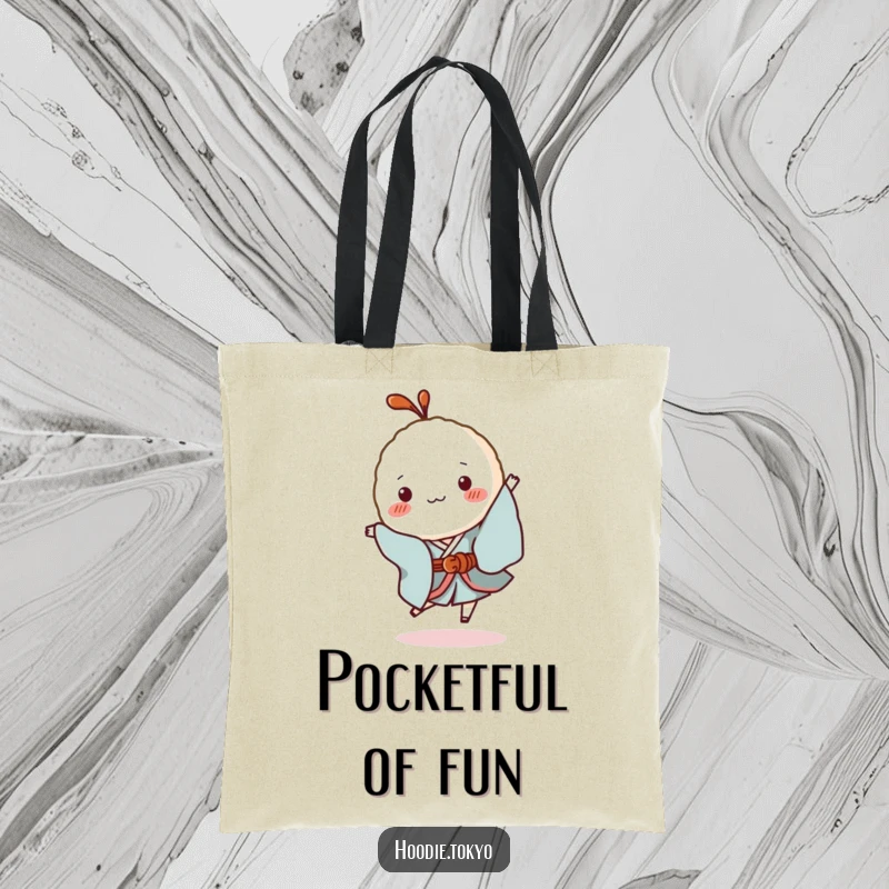 Funny Rice Ball Kimono Tote Bag: A durable tote with a tiny rice ball character in a kimono hopping playfully, ideal for carrying essentials.