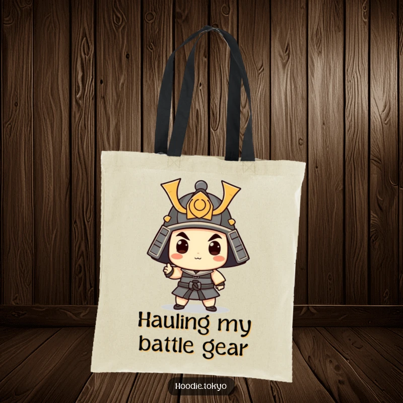 Funny Samurai Tote Bag: A whimsical character in a samurai helmet striking a comical pose, ideal for shopping.