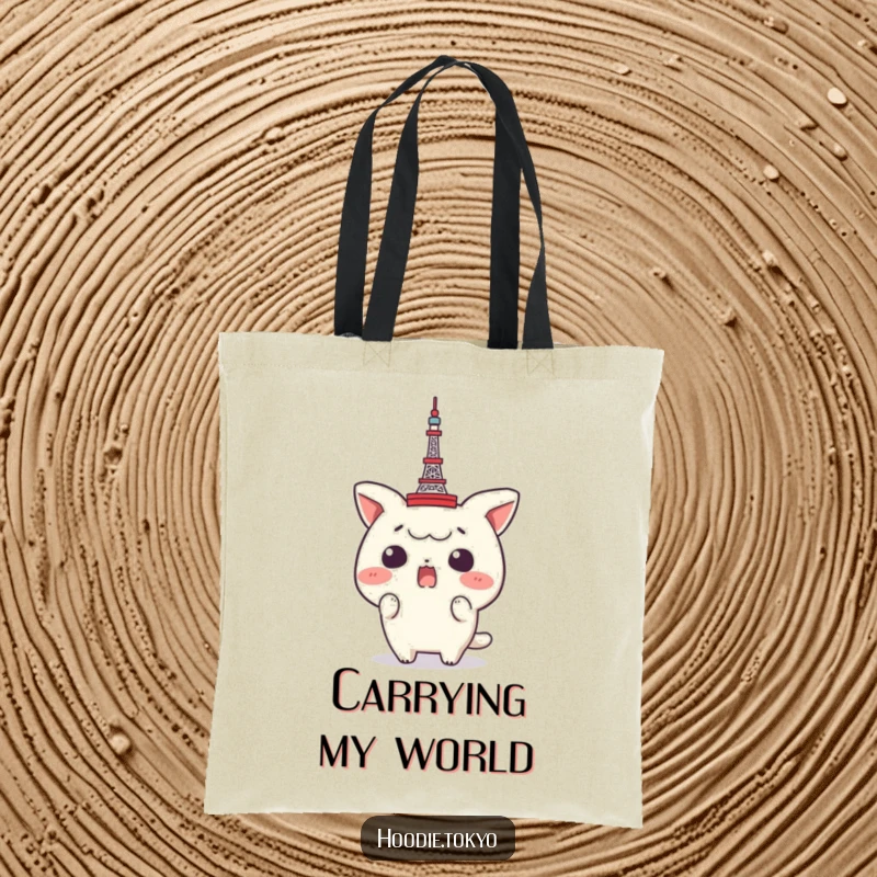 Funny Tokyo Tower Tote Bag: Character looking surprised with a miniature Tokyo Tower on its head, a humorous and practical travel companion.