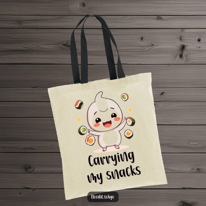 Funny sushi kawaii tote bag with a playful character juggling sushi, ideal funny gift.
