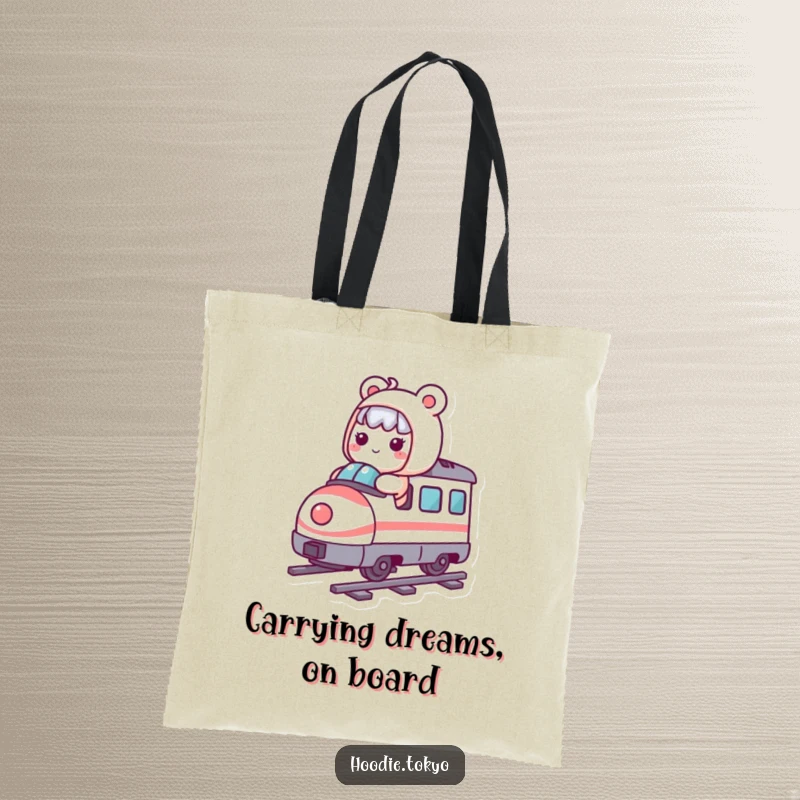 Funny Kawaii character enjoying a whimsical ride on a miniature bullet train, perfect for carrying essentials with humor.