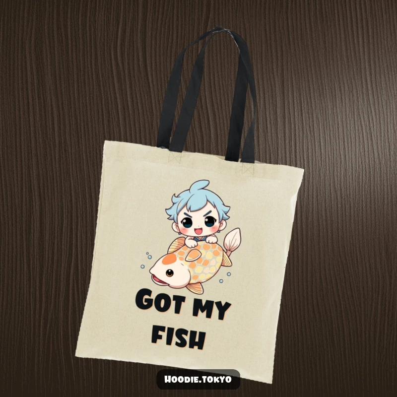 Funny Tote Bag: Character with a determined grin riding a giant koi fish, ideal for carrying items with a humorous flair.