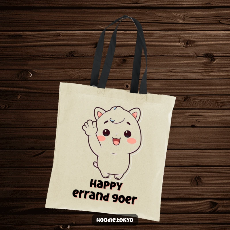 Funny Kawaii character with a big smile giving a cheerful wave on a durable tote bag, perfect for happy errands.