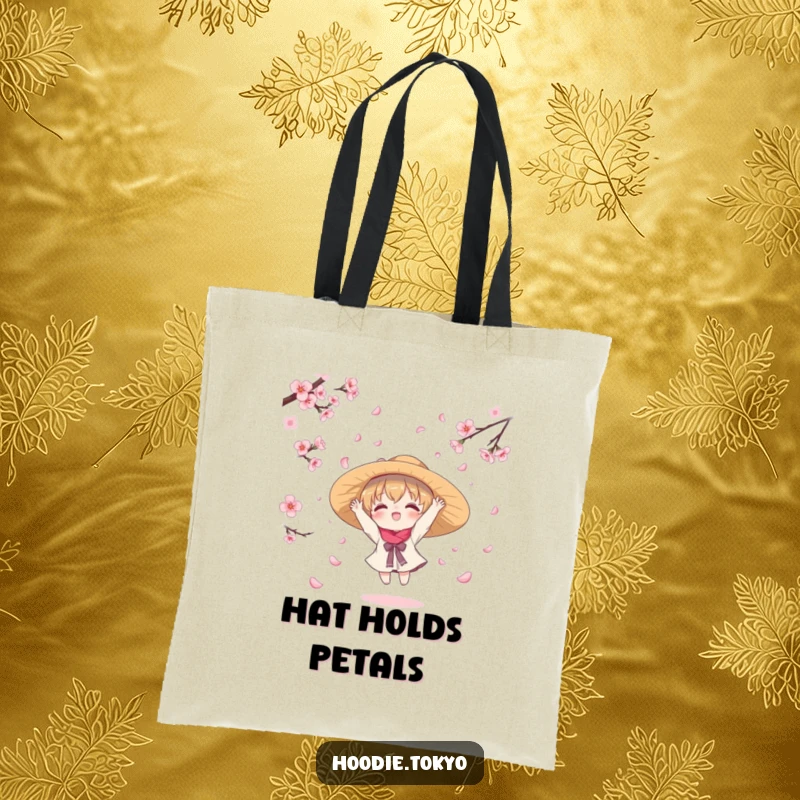 Funny tote bag with a kawaii character in a hat, joyfully catching falling cherry blossom petals, perfect for stylishly carrying essentials with a touch of whimsy.
