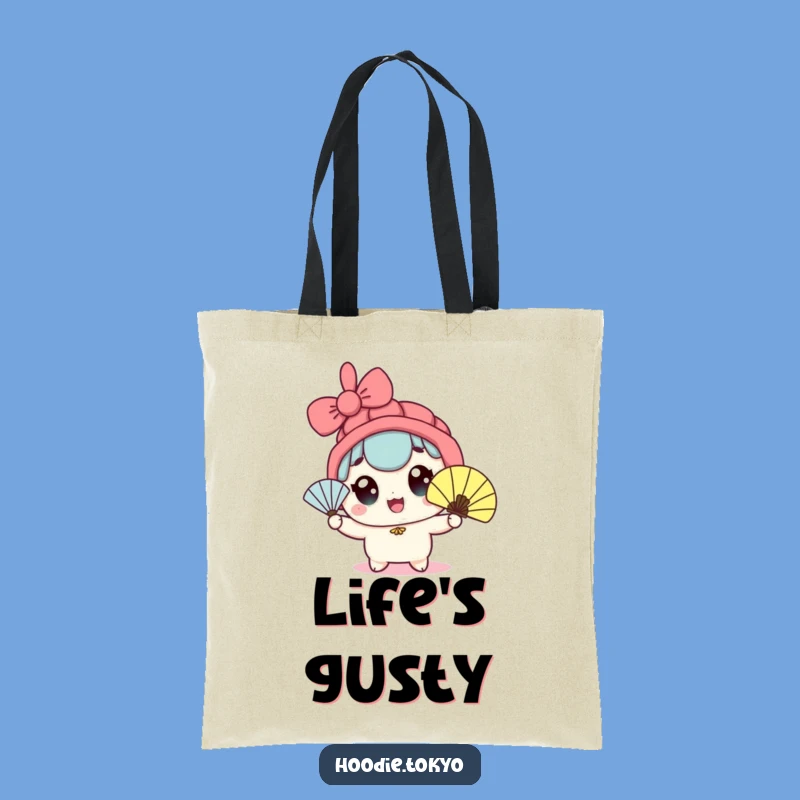 Funny Kawaii Fan Waving Tote Bag - Wide-Eyed Character Summer Breeze Bag
