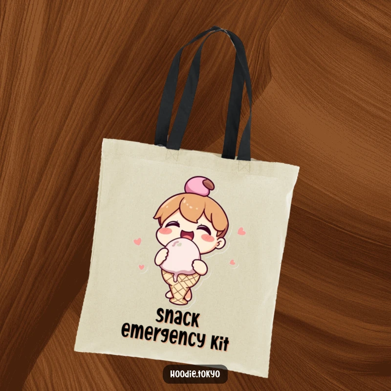 Funny kawaii character tote bag showcasing a happy character enjoying a large ice cream scoop, perfect for grocery or everyday use.