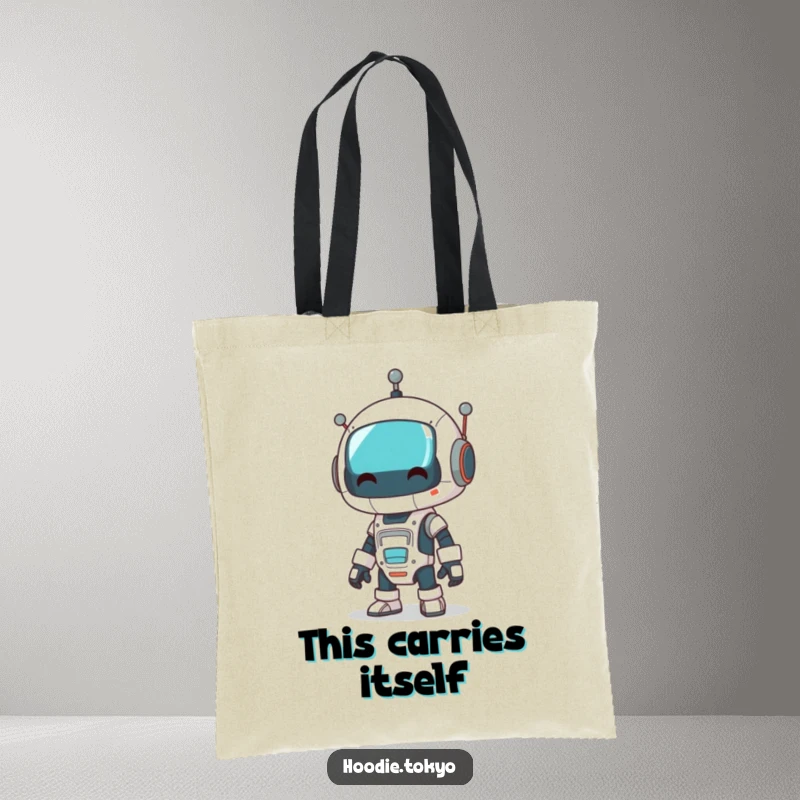 Funny robot tote bag showing a character dressed as a robot doing a comical wobble, perfect for carrying daily items.