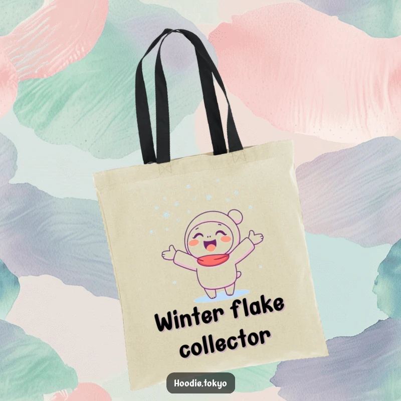 Funny Snow Catcher Tote Bag with a happy character catching falling snowflakes, perfect for winter outings.